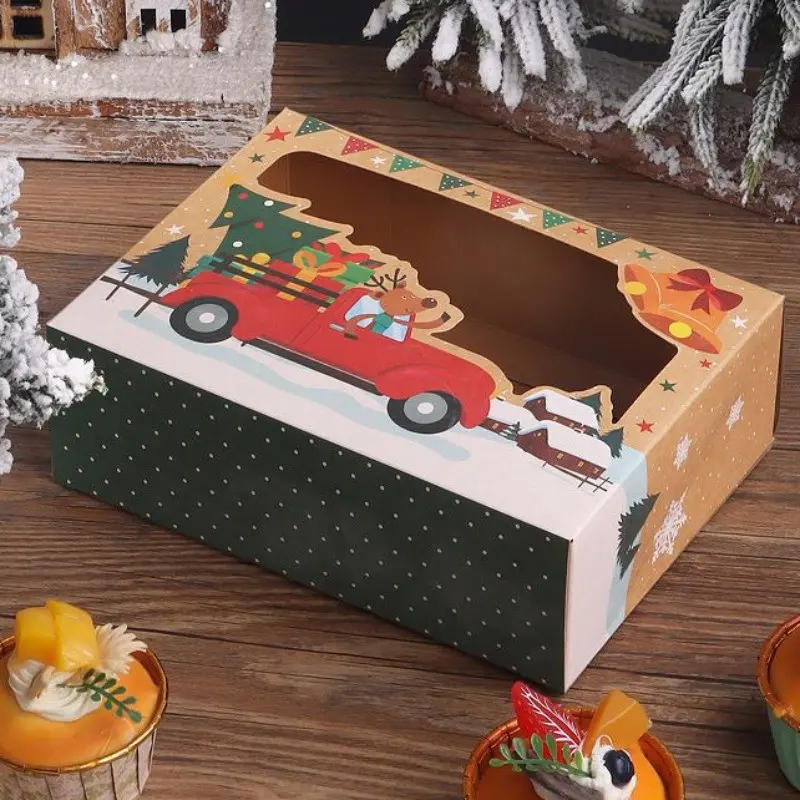 10pcs Bakery Treat Boxes, Transparent Window Christmas Dessert Boxes, Ideal for Cupcakes Donuts Biscuits, Holiday Gift Packaging