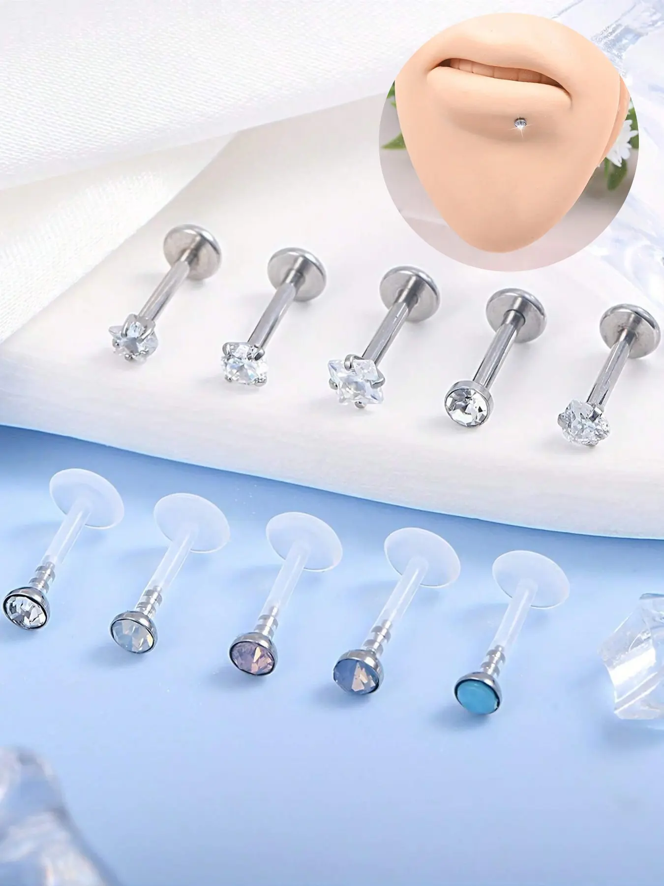 10 Pcs Stainless Steel Straight Bar + UV Color Change Lip Rings Set, Lip Labret Studs, Heart Star Shapes, Unisex, Comfortable, Punk Style, All Seasons