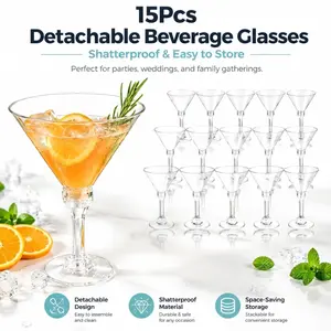 15 Pack Detachable Martini Glasses, Shatterproof Plastic Cocktail Goblets, Stackable Reusable Stemmed Margarita Cups for Party Wedding Bar Drinks