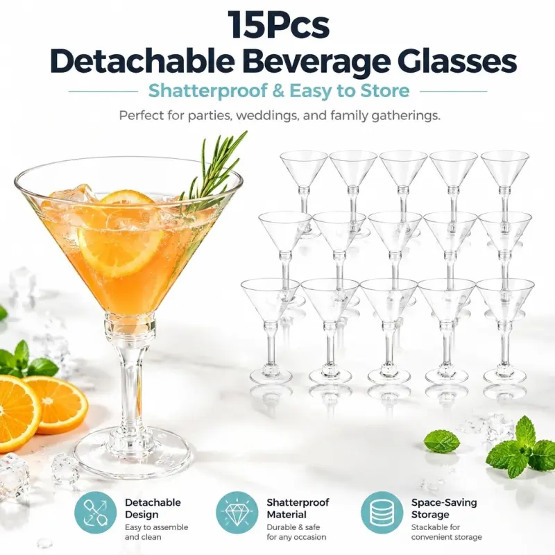 15 Pack Detachable Martini Glasses, Shatterproof Plastic Cocktail Goblets, Stackable Reusable Stemmed Margarita Cups for Party Wedding Bar Drinks