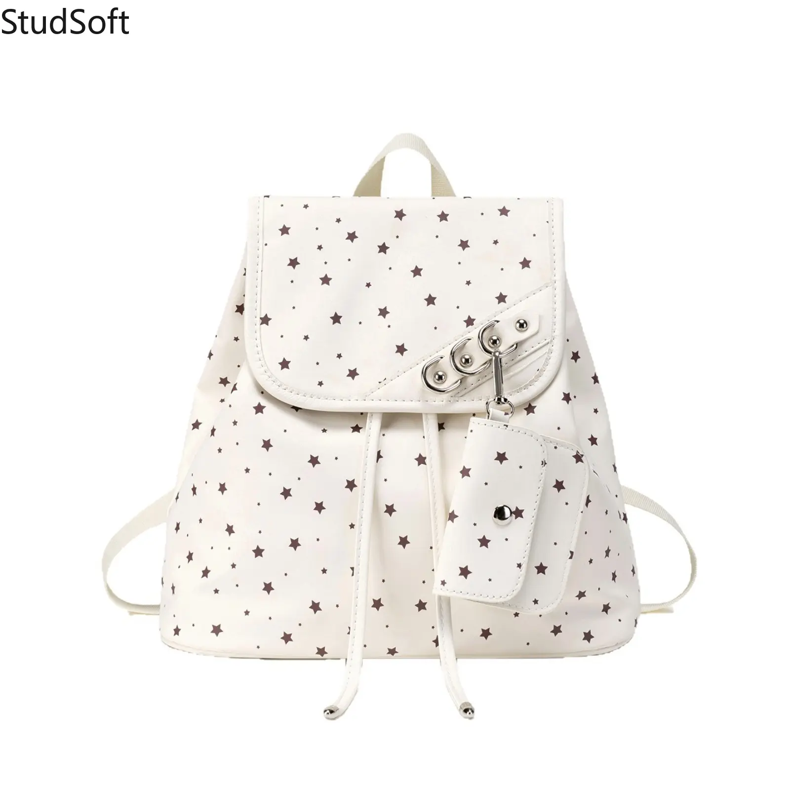 Y2K Star Print Mini Backpack for Women, Cute Leather Drawstring Rucksack with Removable Coin Purse, Fashionable School Shoulder Bag Daily Travel Gift