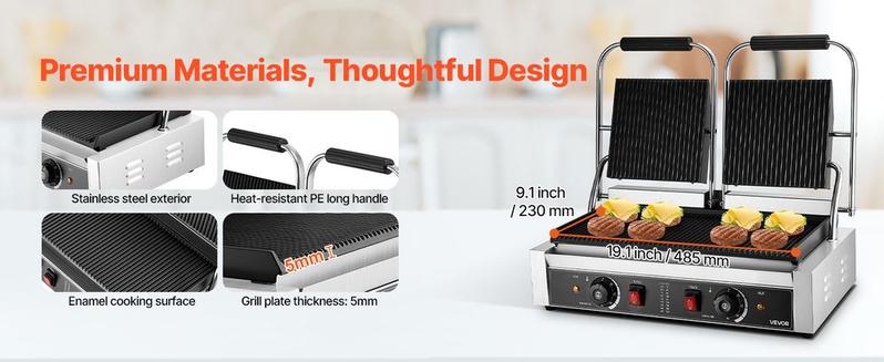 Commercial Panini Grill, 3600W Electric Sandwich Panini Maker, Stainless Steel Double Sandwichs Press with Handle and Temp Control, 19x9 in Full Grooved Enamel Plate, for Hamburger Steak Bacon