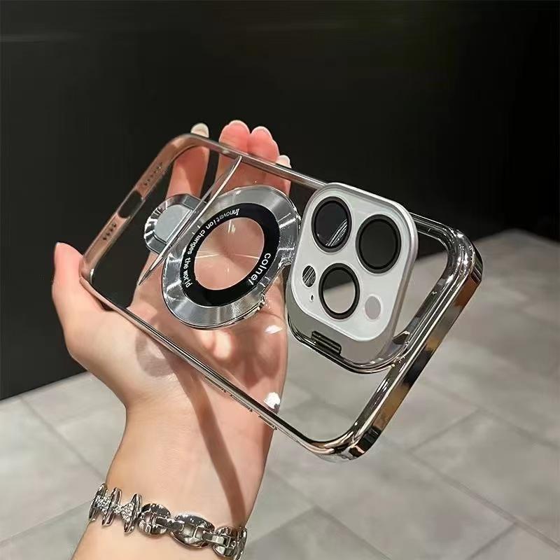 Magnetic bracket compatible with iPhone 16 Pro Max/15/14pro/13 phone case minimalist transparent electroplated lens bracket case HNZY100