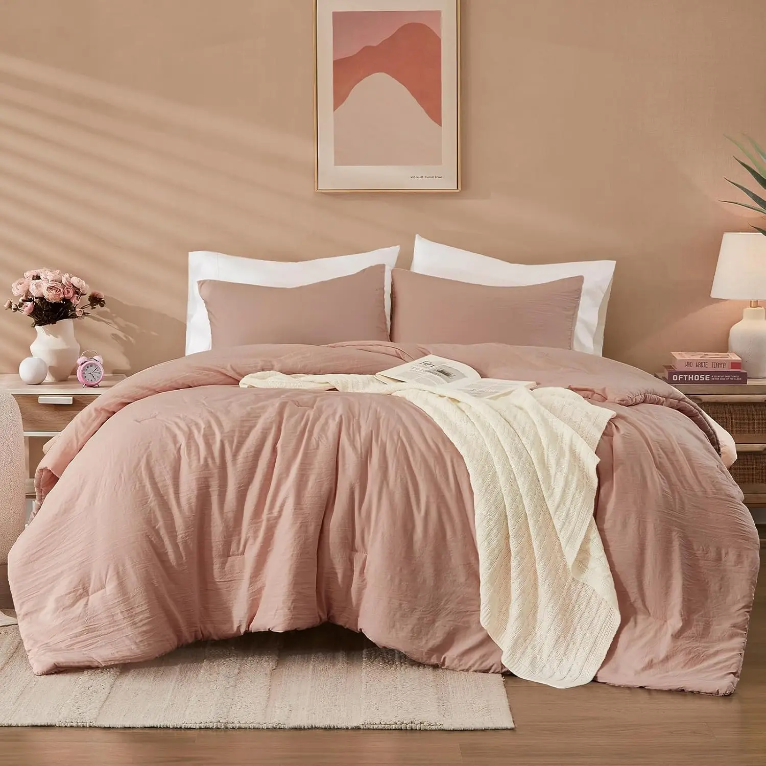 Queen Comforter Set - 3 Pieces Dusty Pink Comforter Prewashed Soft Lightweight for All Seasons,Fluffy Down Alternative Comforters Queen Size with 2 Pillow Shams