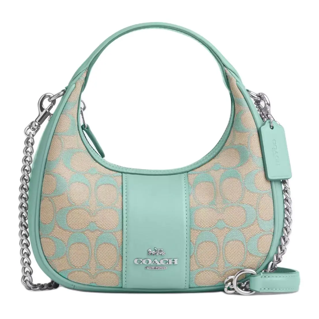 COACH Carmen 20 Small Handbag for Women – Metallic Logo Zip Closure, Signature Jacquard and Smooth Leather, Silver and Faded Blue