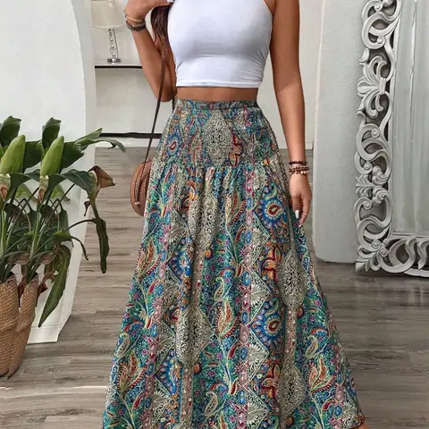 Boho Bohemian Chic Summer Dress, Aesthetic Floral Print Loose Midi Skirt, Elastic Waist Design, Perfect for Beach & Casual Wear, Ideal for Spring & Summer Seasons, Bottom