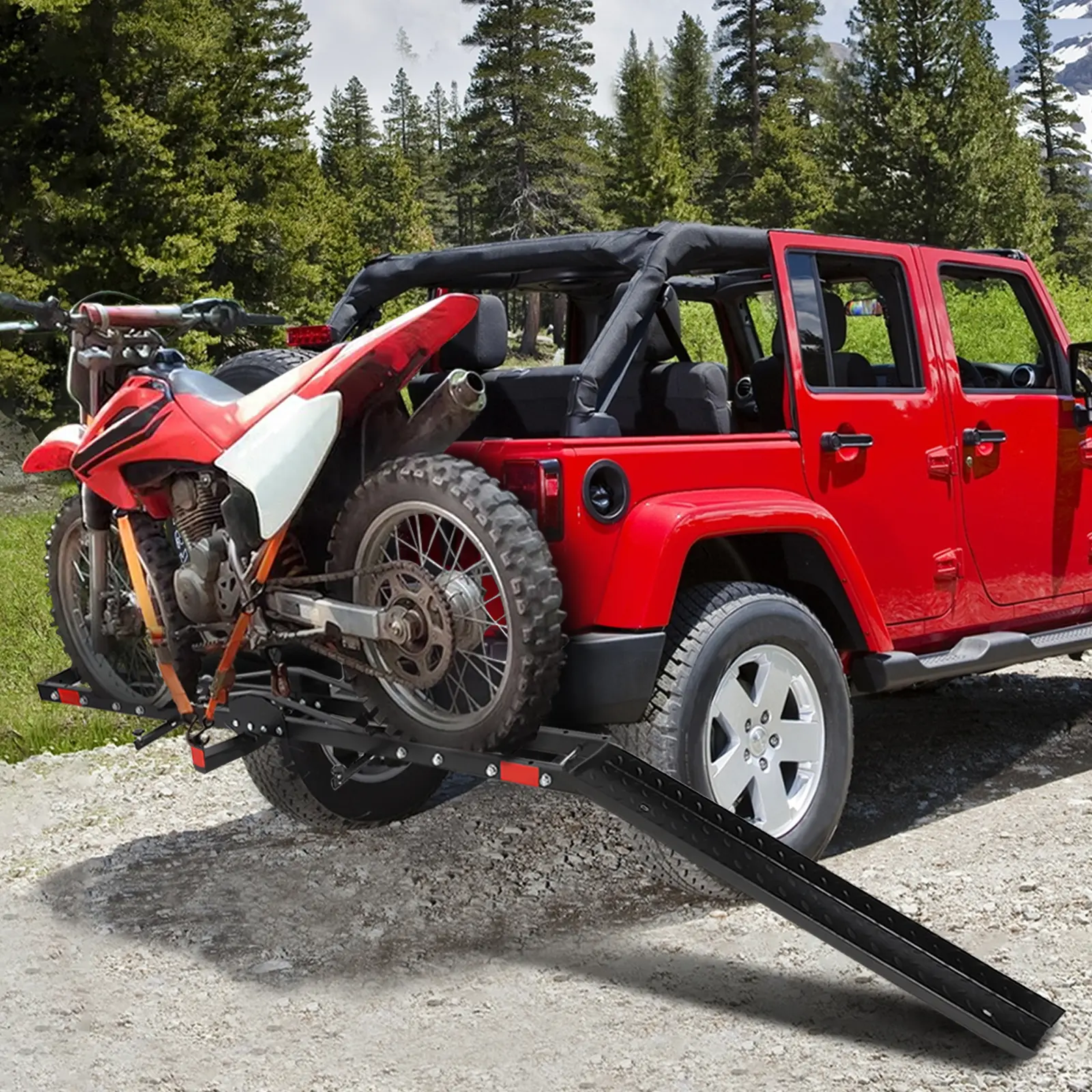 Heavy Duty Steel Motorcycle Carrier Hitch Mount – 500 lbs Capacity – Adjustable Wheel Chock – Anti-Rattle Stabilizer – Ratchet Straps & Storage Bag – Fits 2" Receiver for Dirt Bikes, Scooters, Motorcycles, Cars, Trucks, SUVs