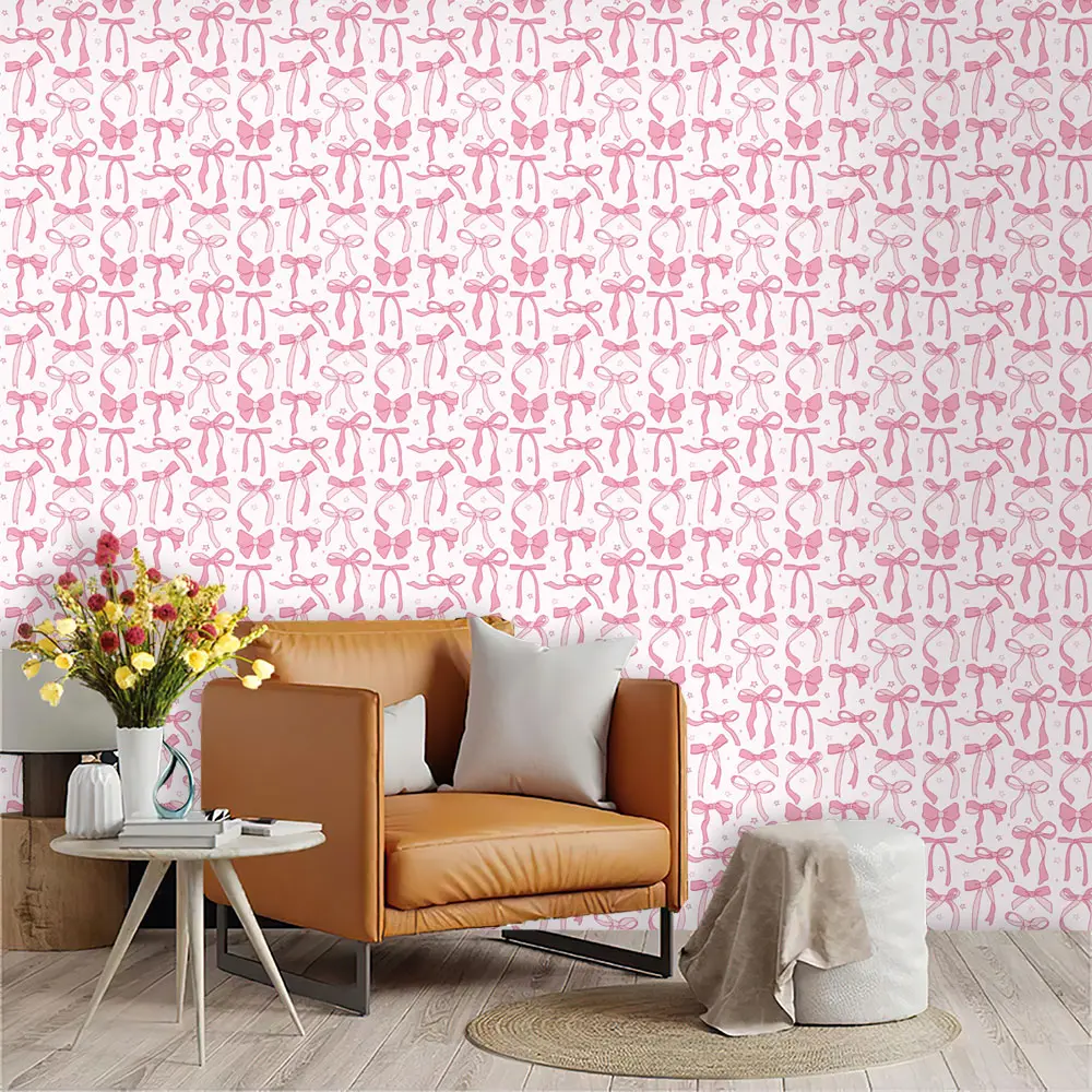Pink Bow Printed Self Adhesive PVC Wallpaper, For Kitchen Living Room Bedroom Wall and Furniture Renovation