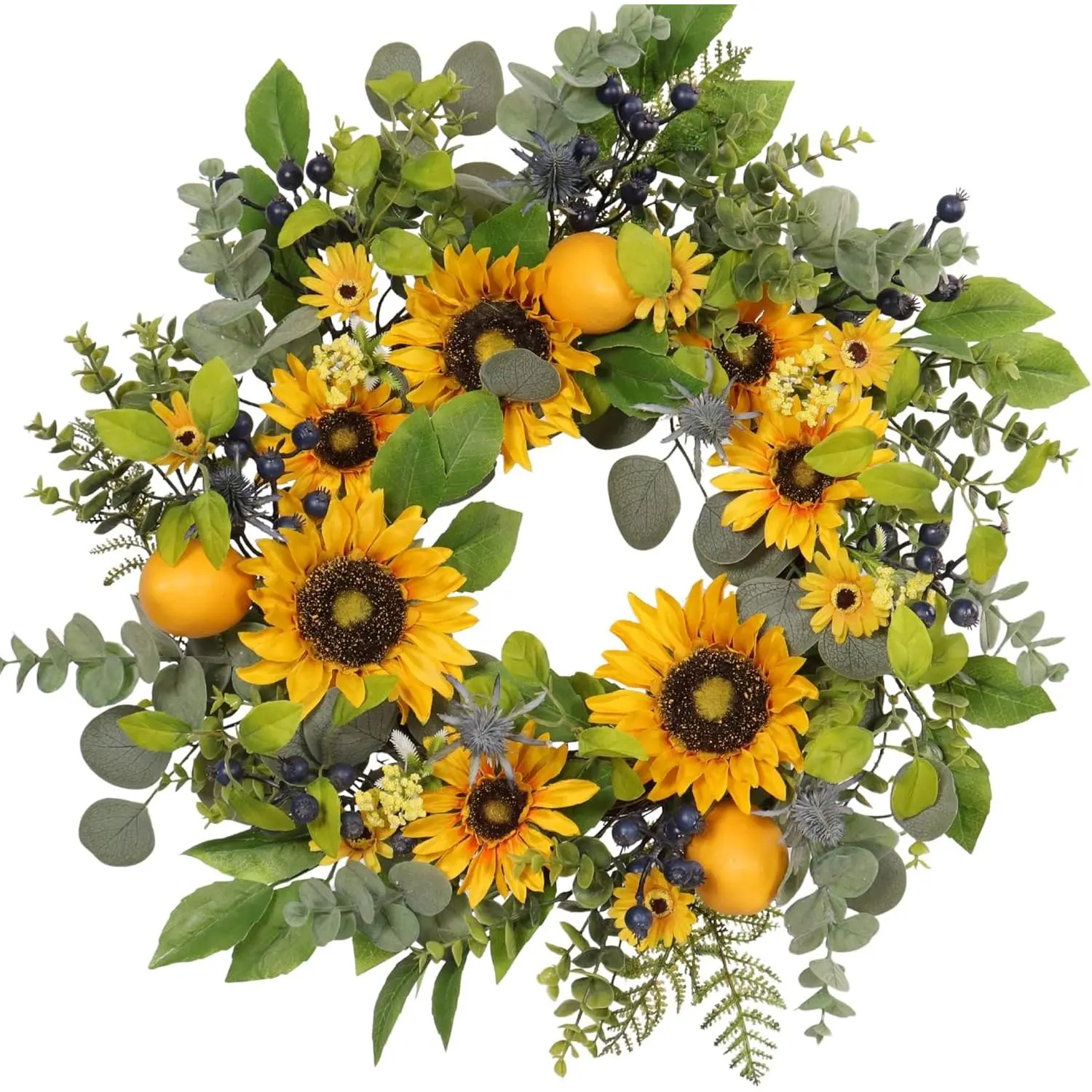 22 Inch Sunflower Wreath and Lemon Wreath for Front Door Decor, UV Resistant Spring Summer Wreath, Waterproof Artificial Floral Wreath for Farmhouse Fall Transition