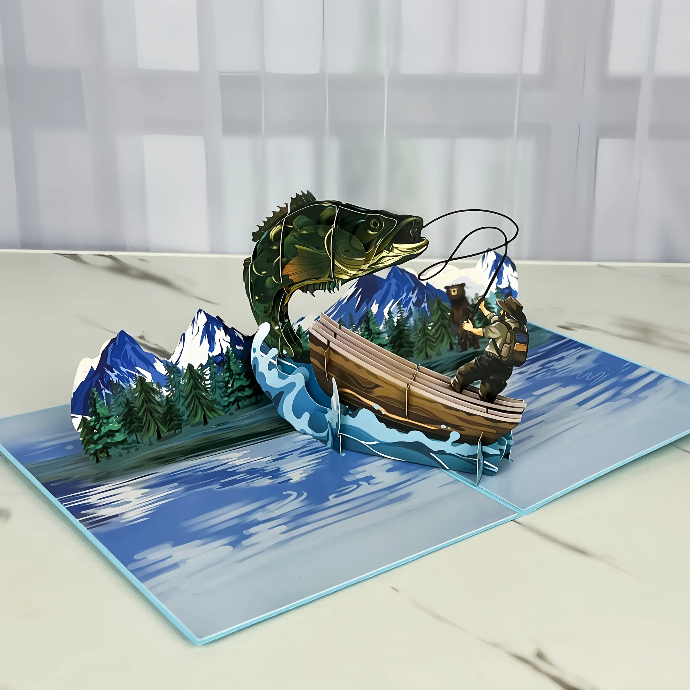 1pc Pop-Up 3D Card with Envelope, Pop Up Cards, Alaska Fishing Pattern, Perfect for Fish Lovers, Father's Day, Retirement, Birthday Greetings