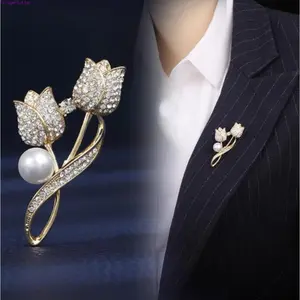 2Pcs Luxury Faux Pearl Rhinestone Flower Brooch Set, 5.7×2.95cm Unisex Elegant Lapel Pin, Premium Clothing Jewelry for Party, Daily Outfit & Thoughtful Mother's Day Gift