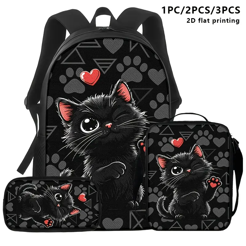 1pc/2pcs/3pcs Black Backpack, Shoulder Bag & Pouch with a Winking Black Cat, Red Hearts, Gray Paw S & Geometric Triangles; Ideal for Daily Commuting, Study or Casual Outings.