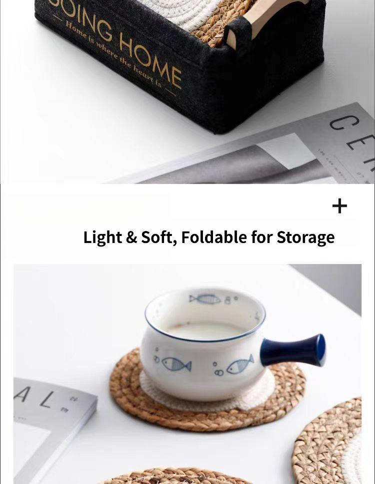 Warm-toned natural grass woven placemats, cotton rope heat-insulating placemats, decorative forest-themed coasters and plate mats