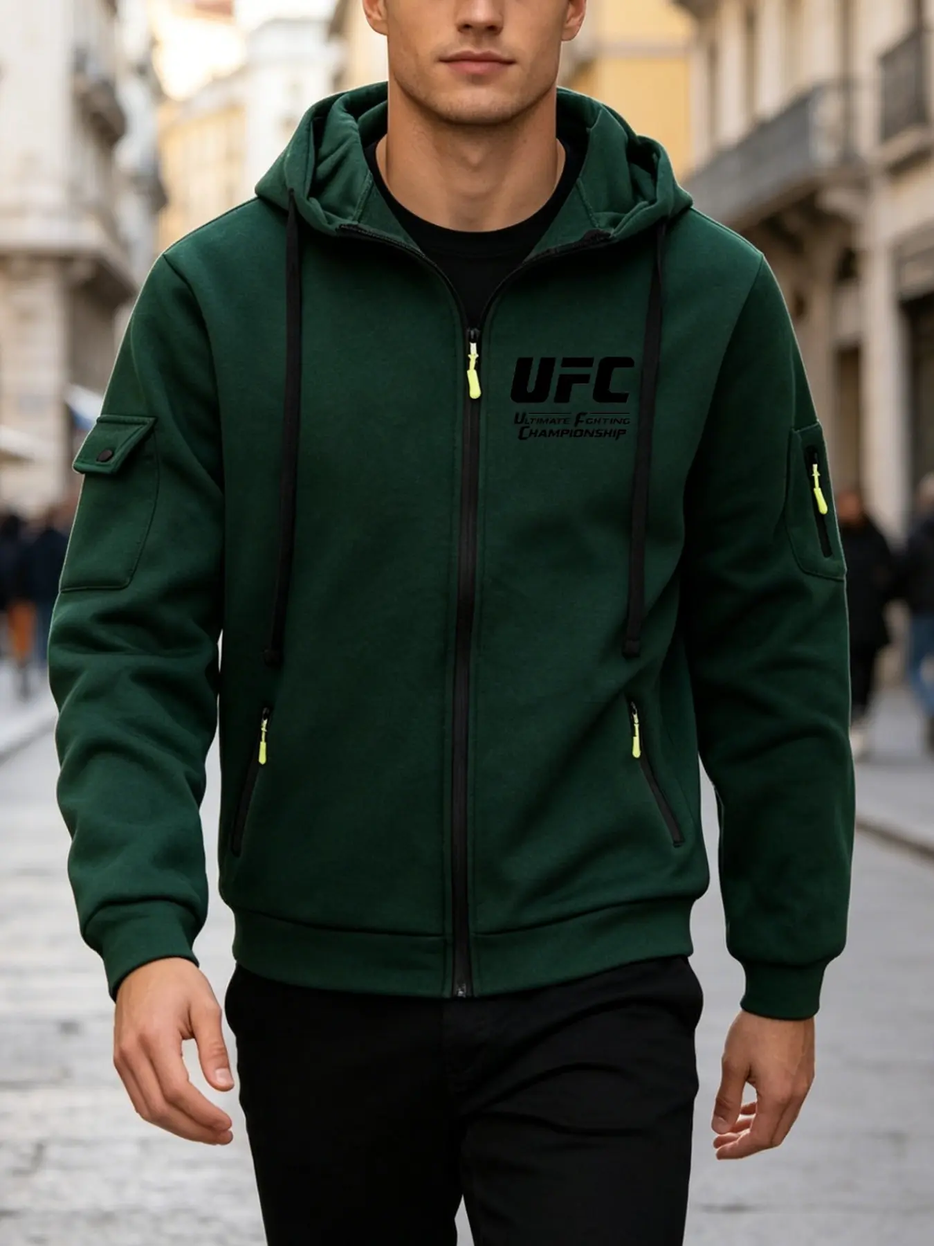 Men's Drop Shoulder Long Sleeve Warm Inner Layer Fitted Open Front Hoodie, Ufc Letter Print, Combat Sporty Fashion Casual Regular Fit Pocket Hooded Sweatshirt