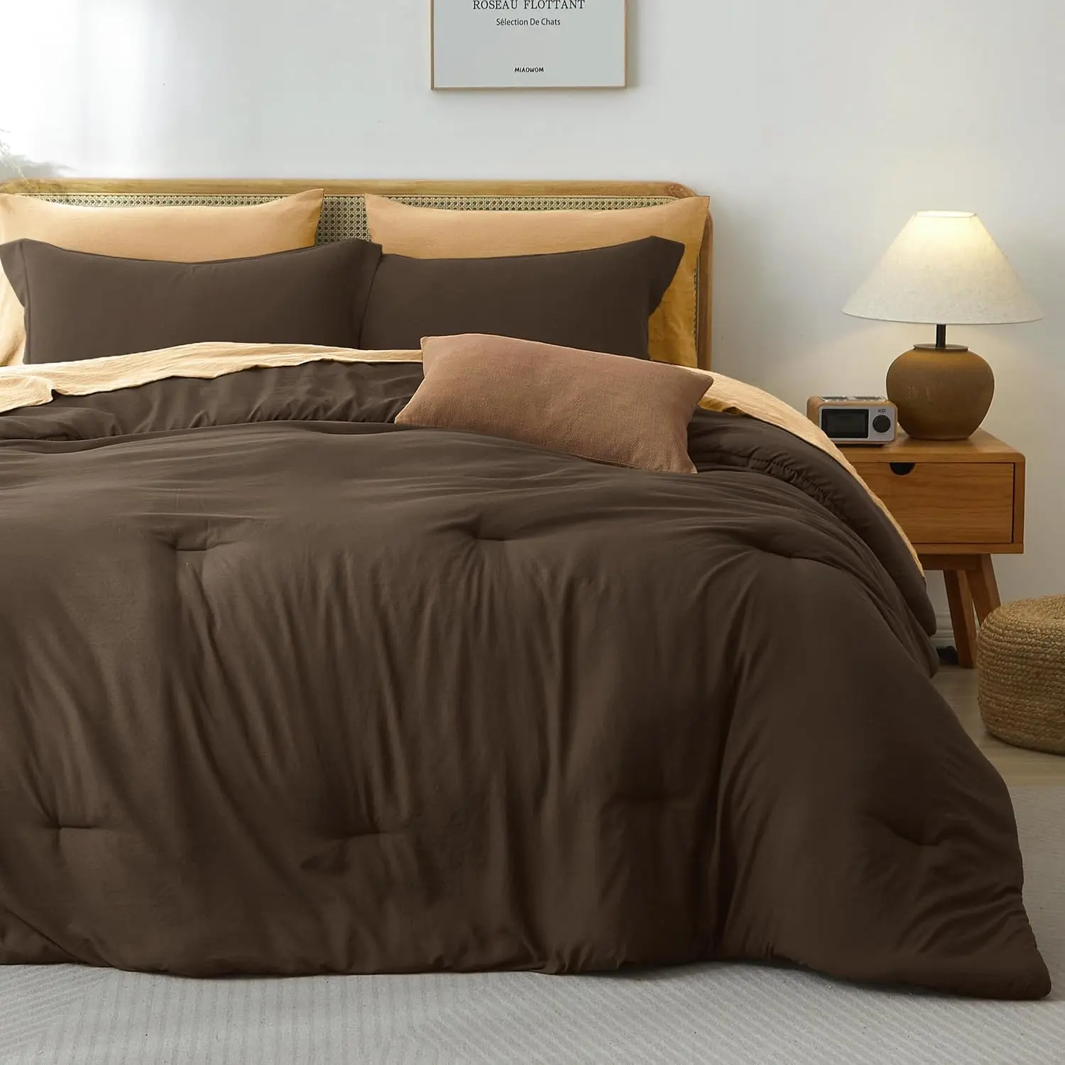 Prewashed Full Size Comforter Set 7 count, Brown Bed Set | Fade Resistant & Durable, Prewashed Fabric, Contrast Color Design, Lightweight Warmth for  Seasons, Machine Washable