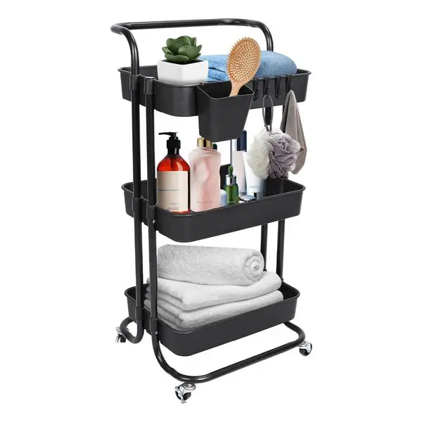 3-Tier Rolling Steel & Plastic Storage Cart, Movable Home Organizer with Mesh Baskets, Lockable Wheels, 360-Degree Rotatable Hooks & Hanging Box for Bedroom, Kitchen (Home Storage Racks)