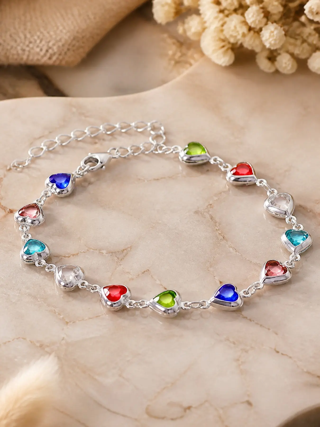 Rainbow Heart Charm Bracelet for Women, Colorful Crystal Love Bracelet, Cute Dainty Jewelry for Everyday Wear & Gift