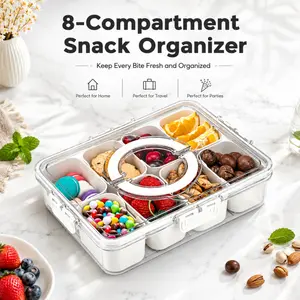 8 Compartment Divided Snack Container with Handle, Leakproof Portable Fruit Nut Storage Tray for Travel, Party, Picnic & Daily Use