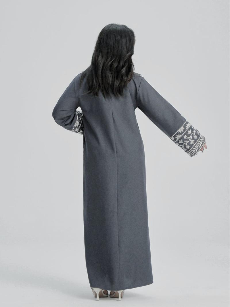 Women's Ethnic Pattern Floral Embroidery Long Sleeve Dress, Casual Round Neck Zipper Dress for Daily Wear, Ladies Islamic Clothing for All Seasons