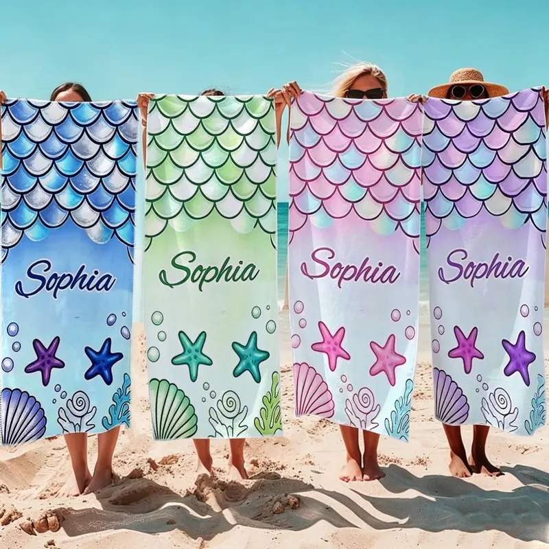 Contemporary Gradient Mermaid Scale Print Beach Towel - Ultra-Fine Fiber, High Absorbency, Soft, Portable, Multifunctional - Ideal for Beach Use, Spa, Great Gift for Friends bath large