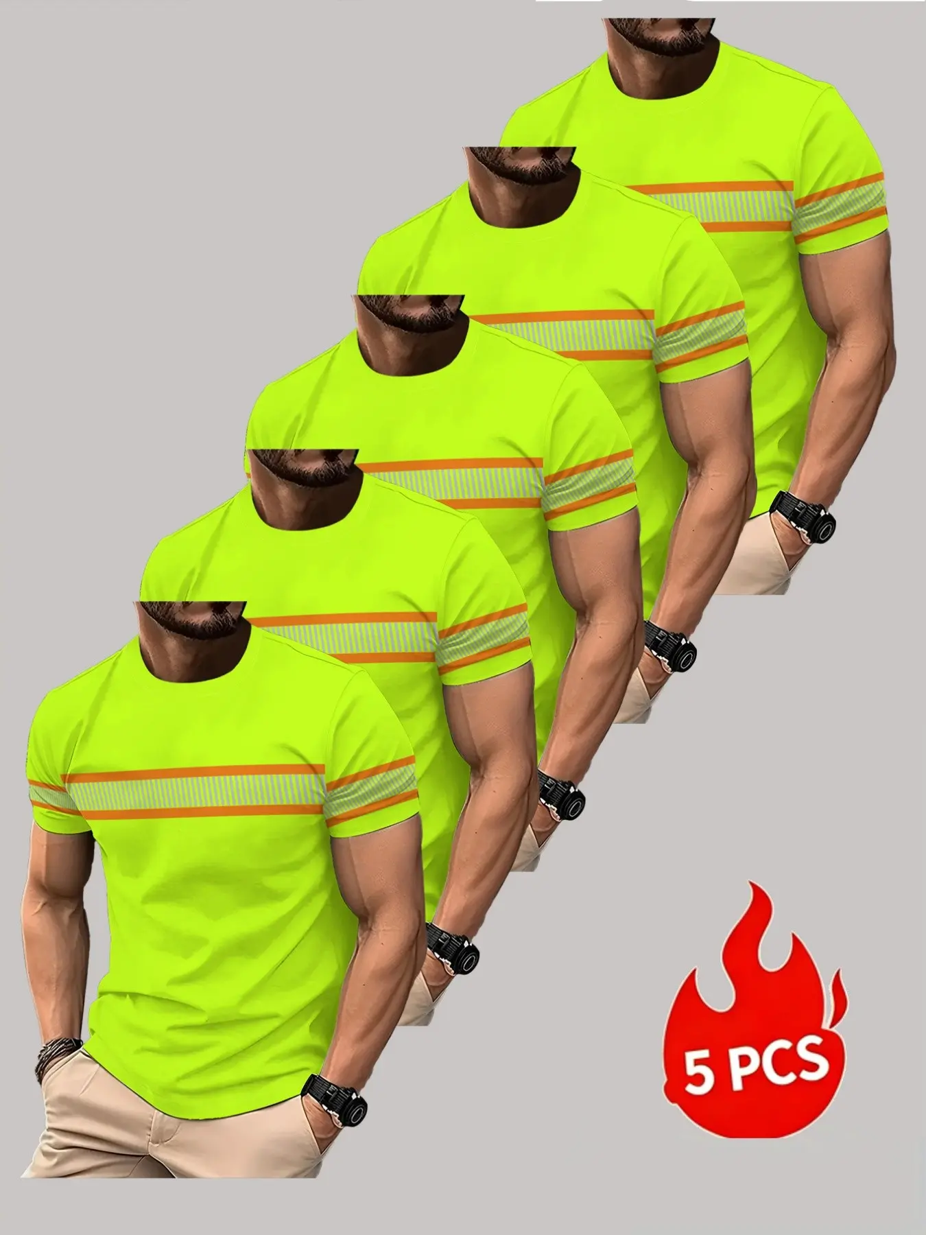 Five-Pack Fluorescent Men's Workwear Short Sleeve T-Shirt, Round Neck, Breathable, Fitted, Casual Style, Multi-Scene Use