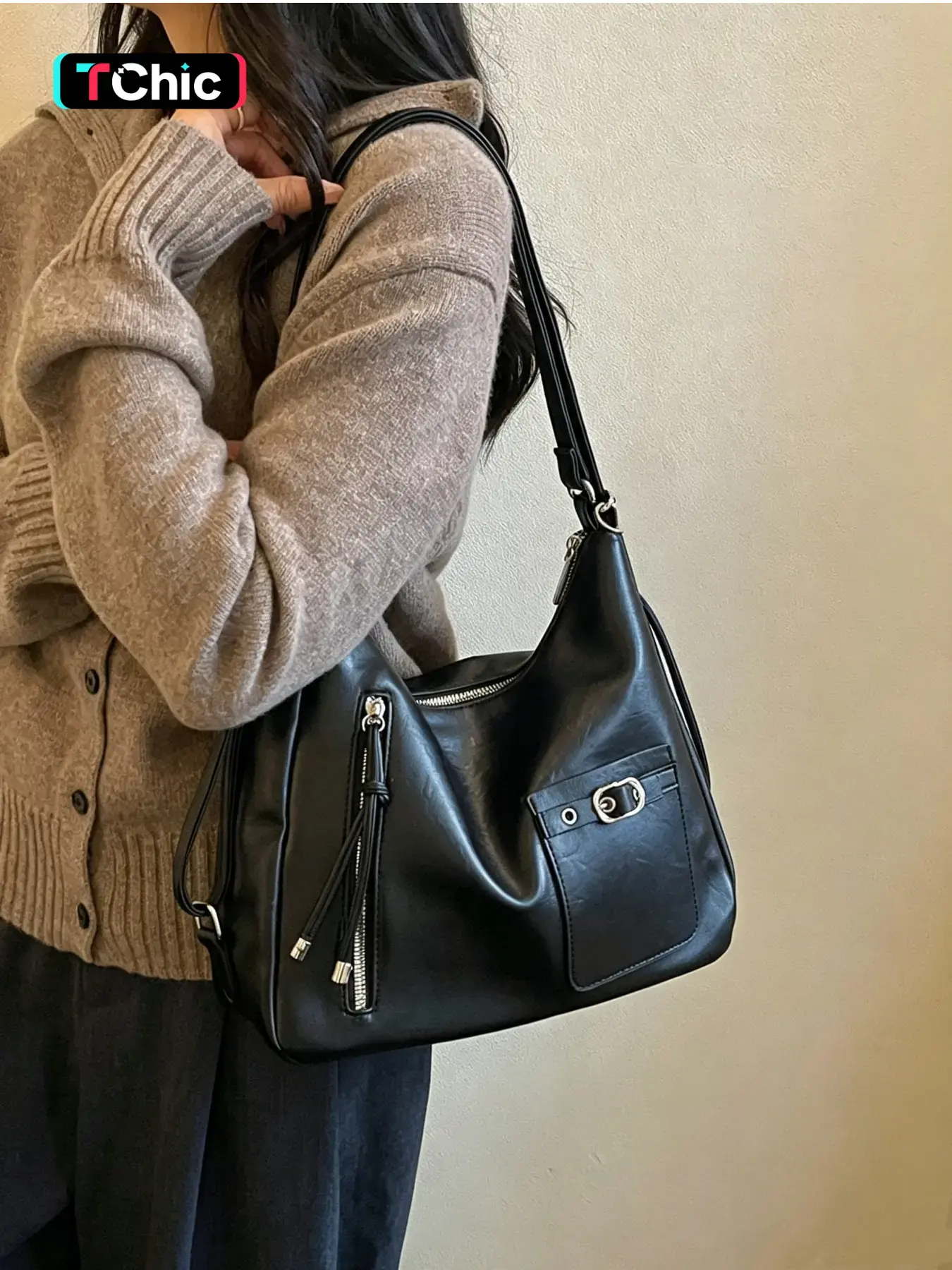 Vintage minimalist style student school backpack with buckle pocket decoration shoulder bag multi-zippered layered crossbody bag adjustable shoulder strap commuting large capacity women's