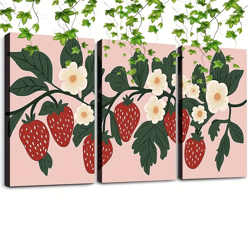 2D canvas, 3 pieces with frame - Colorful and stylish strawberry-themed canvas wall art framed painting, suitable for indoor decoration, Mother's Day, Maldives, St. Patrick's Day, luxurious decoration for him/her, bedroom, living room, bathroom, home offi