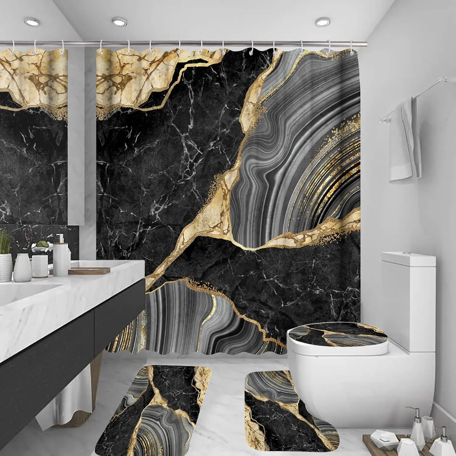 Waterproof Fabric Textured Polyester 4Pcs Marble Bath Curtains Shower Set, 72x72in Black Bathroom Decor Kit with 12 Hooks, Bath Mat, Toilet Lid Rug & Non-Slip U-Shape Mat Accessories, Water Proof, Shower Curtains