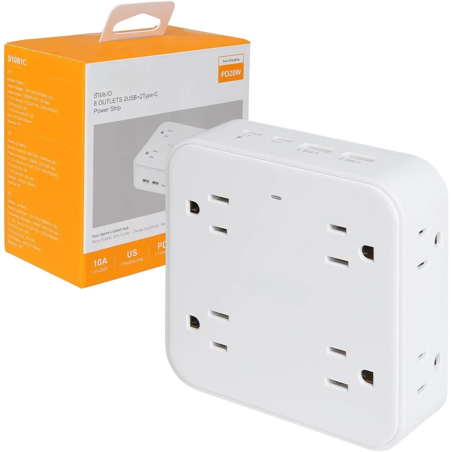 3-Sided Multi Plug Outlet Extender with Surge Protector, 12-in-1 Wall Charger Splitter 8 Sockets 4 USB (1x20W PD  ), AC Plug Expander for Travel, , Dorm, School, College, Office