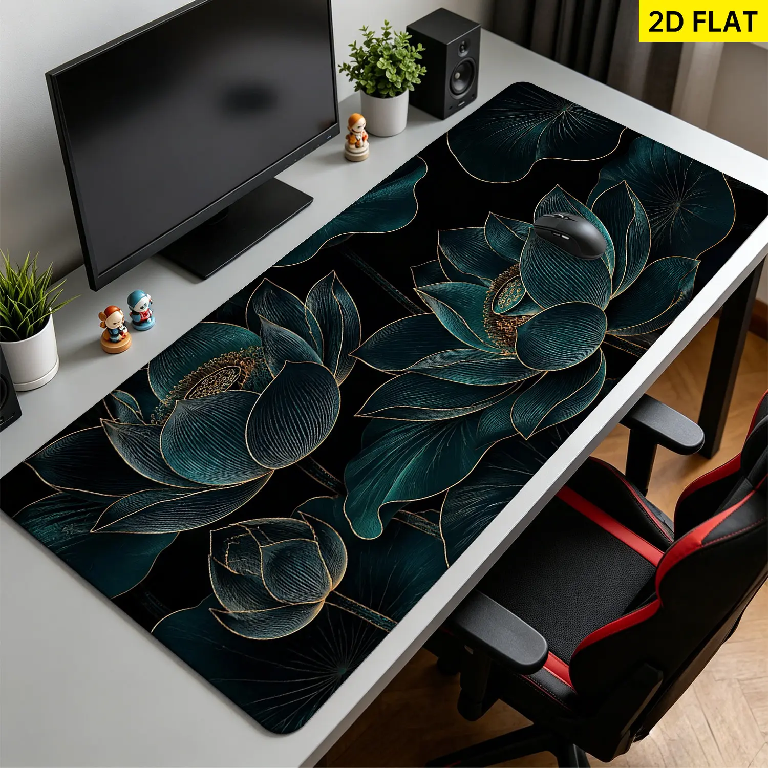 Extra Large luxury dark teal gold line art lotus Mouse Pad,Non Slip Rubber Pad,Desktop Decoration Drotection Pad,Washable,Lock Edge Multi Size,Premium Multipurpose Mousepad For Home,Office,Gift for Family and Friends