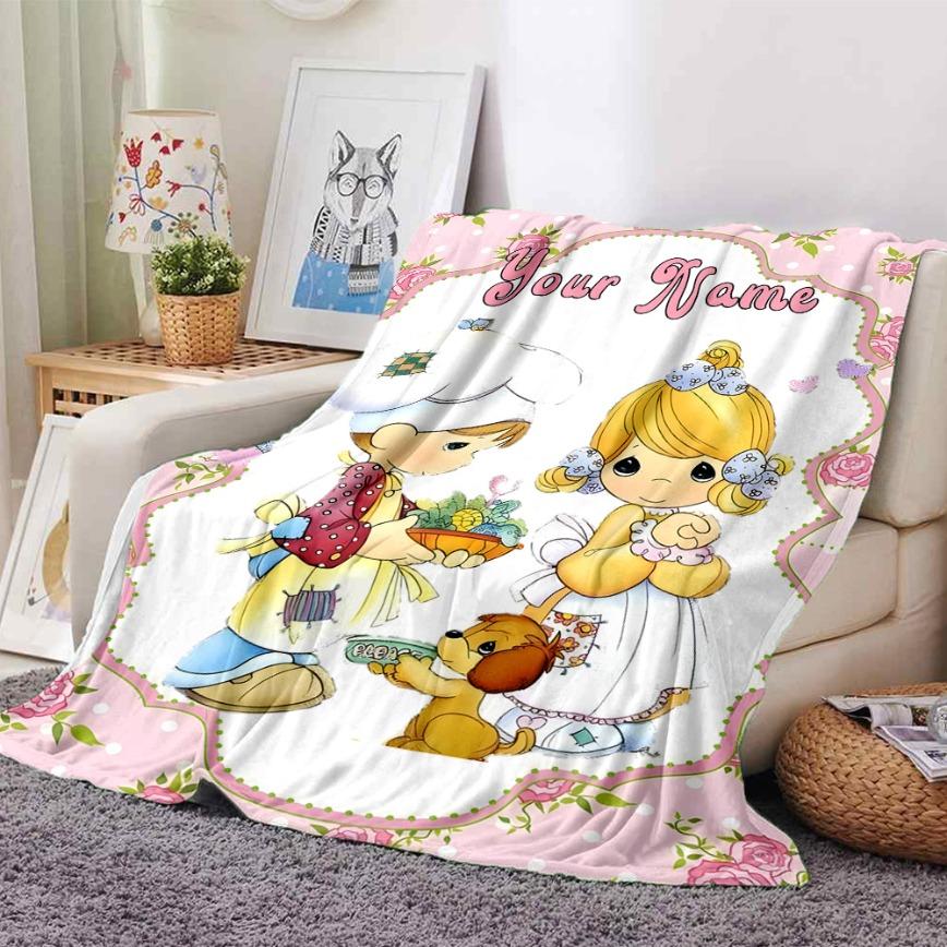 Precious Moments Custom Name Flannel Blanket Personalized Cute Angel Aesthetic Soft Warm Throw For Gamer Room Decor Dorm Essential Bed Sofa Home Holiday Gift