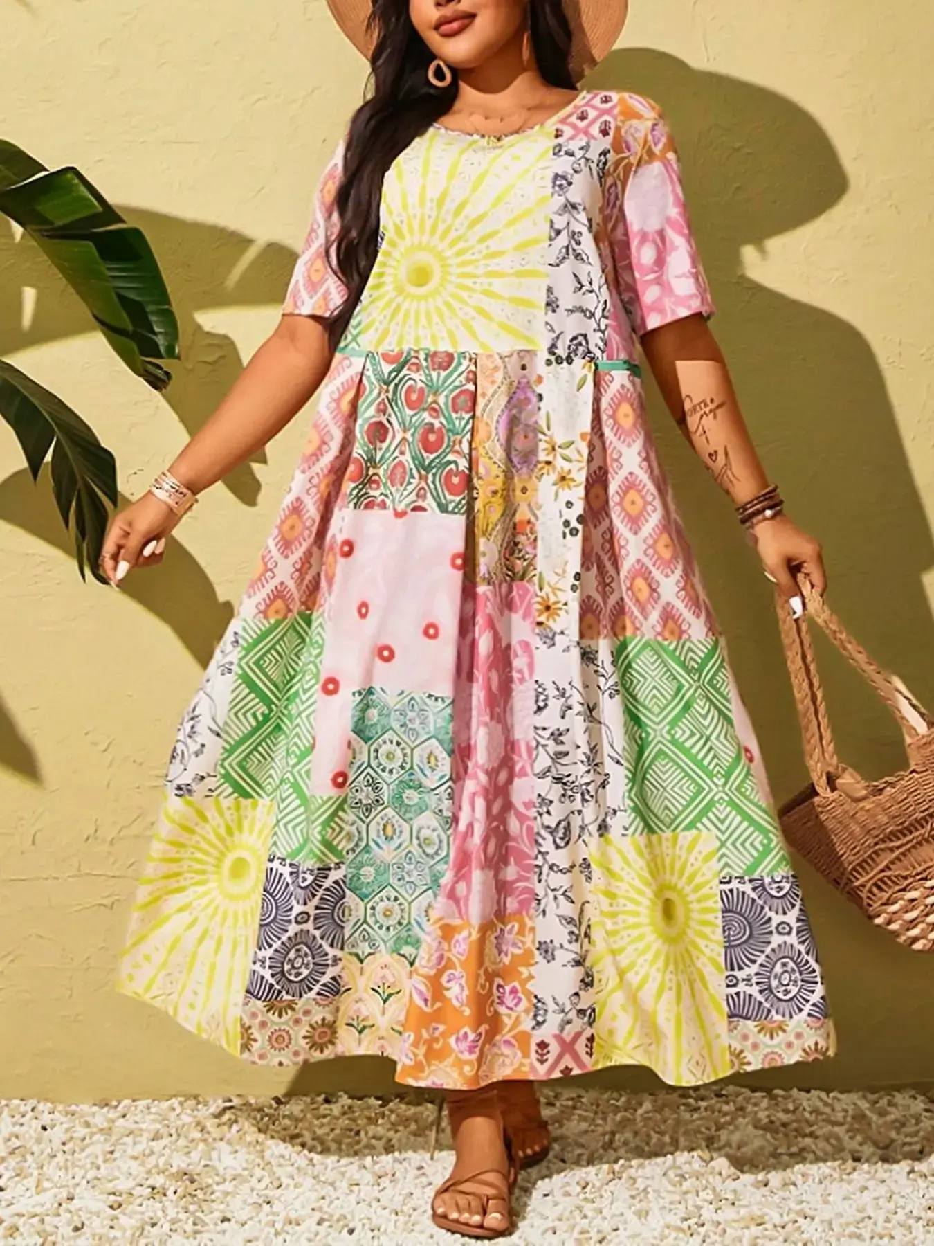 Women's Plus Size New Boho Patchwork Dress, Stylish Casual Wear, Comfortable Fit, Perfect for Daily, Spring Trendy Fashion Clothing, Boho Style Dresses