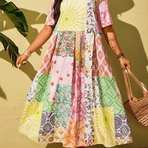 Women's Plus Size New Boho Patchwork Dress, Stylish Casual Wear, Comfortable Fit, Perfect for Daily, Spring Trendy Fashion Clothing, Boho Style Dresses