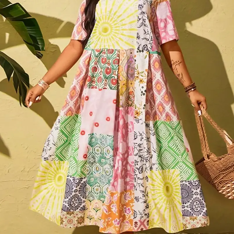 Women's Plus Size New Boho Patchwork Dress, Stylish Casual Wear, Comfortable Fit, Perfect for Daily, Spring Trendy Fashion Clothing, Boho Style Dresses