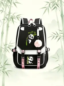 Cute Cartoon Panda Backpack, Chinese Style Bamboo Design, Multi-Layer Storage, Adjustable Straps, Zip Closure, Nylon Material, Ideal Gift