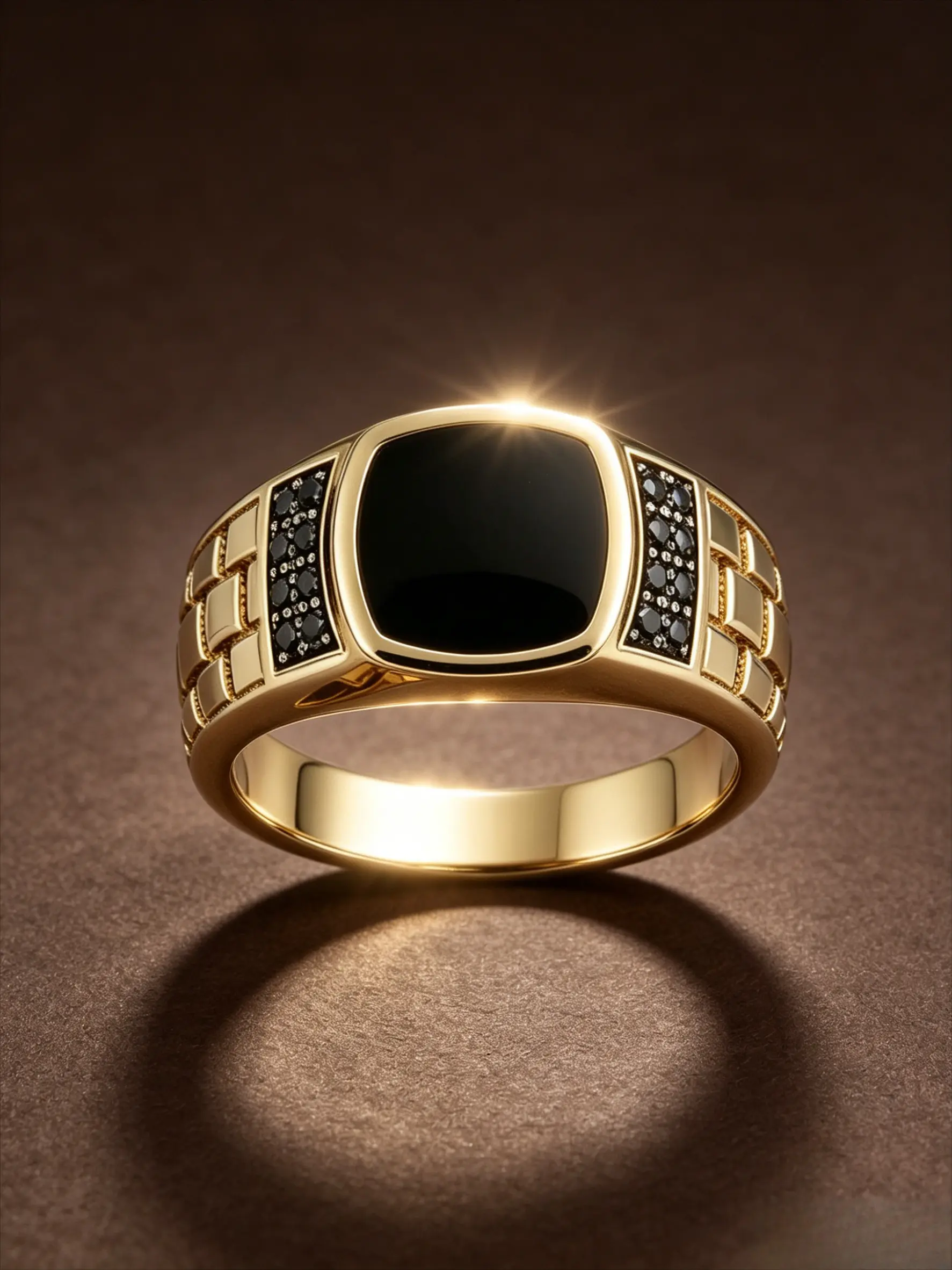 18K Gold Tone Plated Stainless Steel Men Square Signet Ring, Smooth Black Onyx Inlay, Paved Black Cubic Zirconia & Woven Grid Texture Wide Band, Hypoallergenic Tarnish Resistant Business Statement Jewelry Gift For Guys, Elegant Fashion Rings