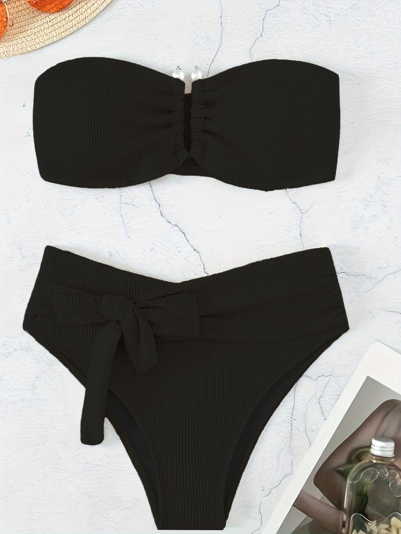 Two-Piece Set Women's Solid Ruched Bandeau Bra & Knot Front Panty Bikini Set, Bandeau Bikini Sets, Casual Sleeveless Swim Top & Swim Bottom Swimsuit Set, Ladies Summer Swimwear for Beach Holiday Vacation