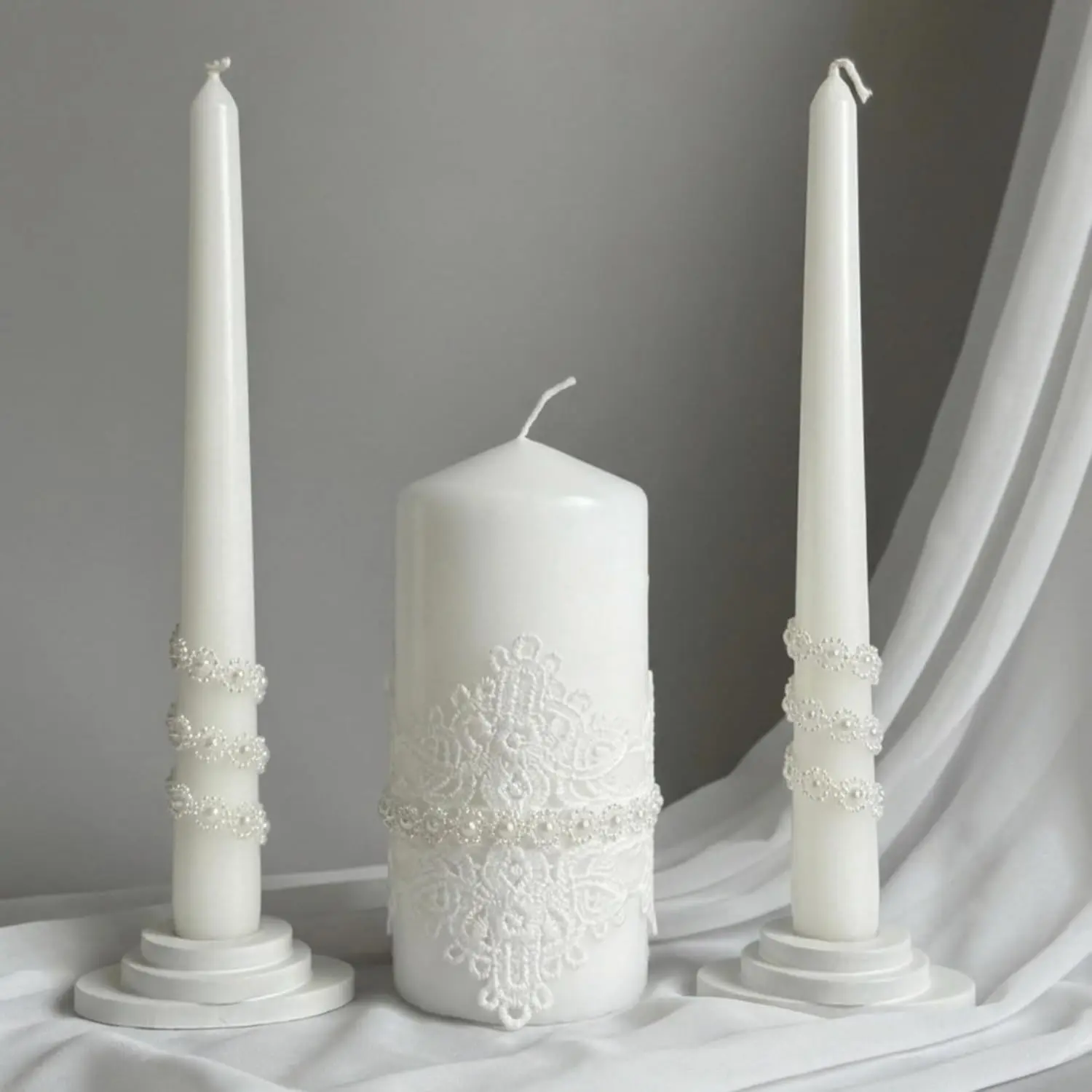 Lace Elegance Unity Candle Set for Wedding Ceremony & Reception, White Unity Candles with Pearl Decor, 6” Pillar & Two 10” Taper Candles, Bridal Wedding Keepsake Gift for Marriage Ritual