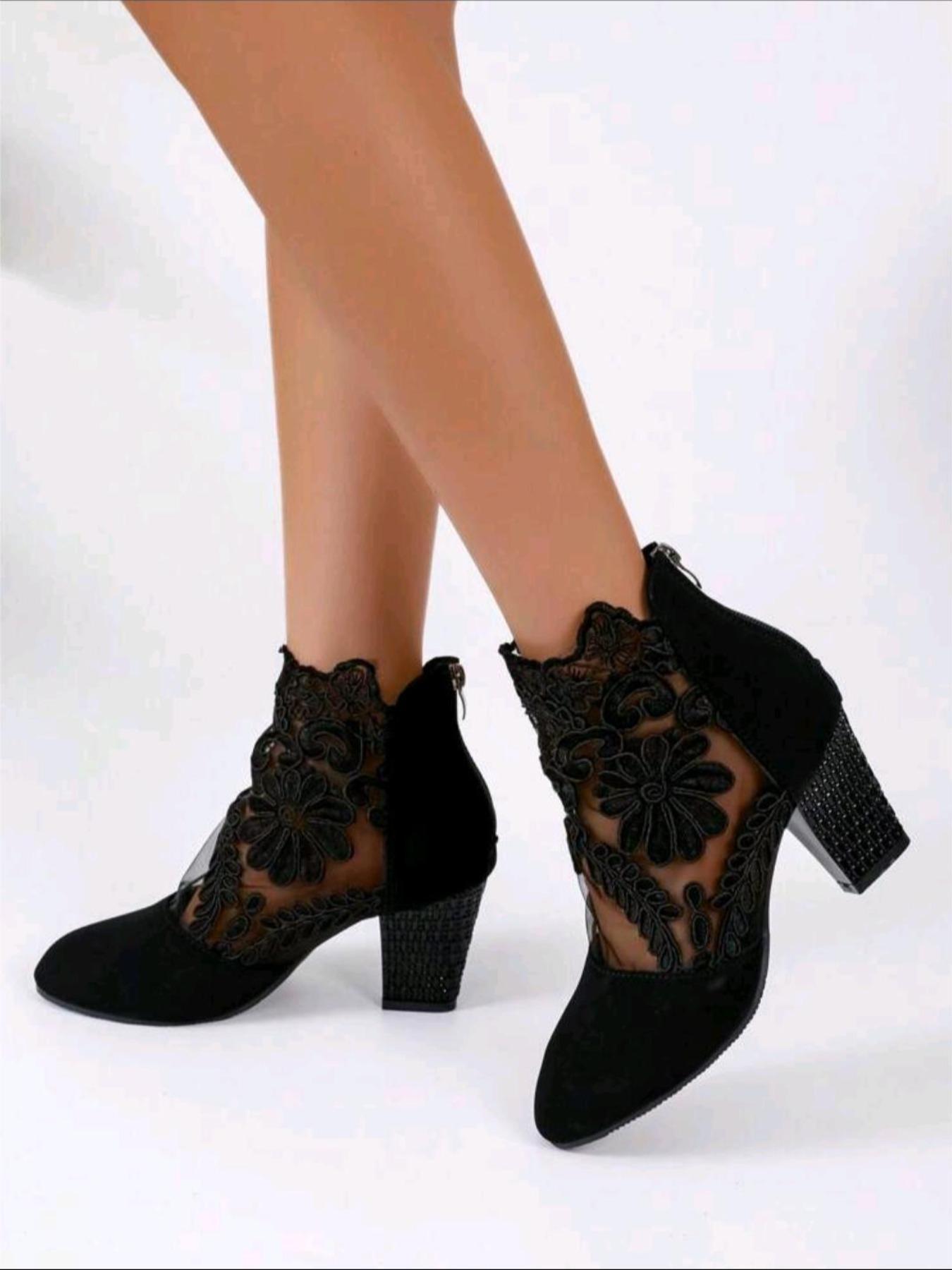 YYW1 Women's Fashion Flower Embroidered Design Contrast Lace Ankle Boots, 1 Pair Elegant Pointy Toe Heeled Boots Daily Wear, All-match Boots Women & Girls, heels, Pointy Toe Boots, Embroidery Ankle Boot