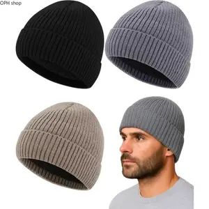 Men's 3-Pack Winter Fleece-Lined Knitted Beanies - Thermal Insulated, Soft Stretch Headwear for Cold Weather Outdoor Activities