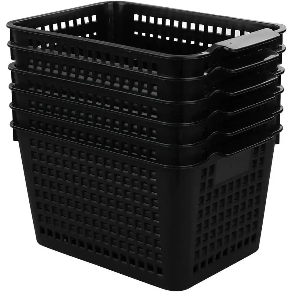 Plastic Storage Baskets, Rectangular Organizer Bin - 6 Pack, Black