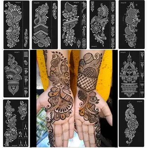 Stencils 9 Sheet Henna Tattoo Kit, Reusable Henna Stickers for Hand Forearm Indian Arabian Self Adhesive Tattoo Templates