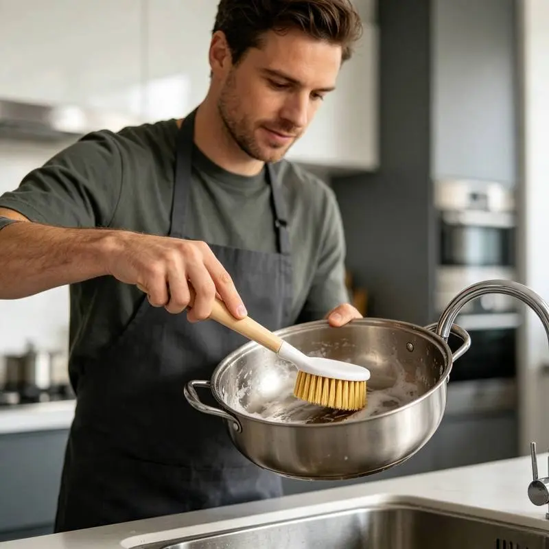 Long Handle Soft Bristle Pot Scrubber Brush, Non-Scratch Kitchen Dish Washing Scrubber, Multi-Purpose Easy Clean Brush for Pots Pans Cookware