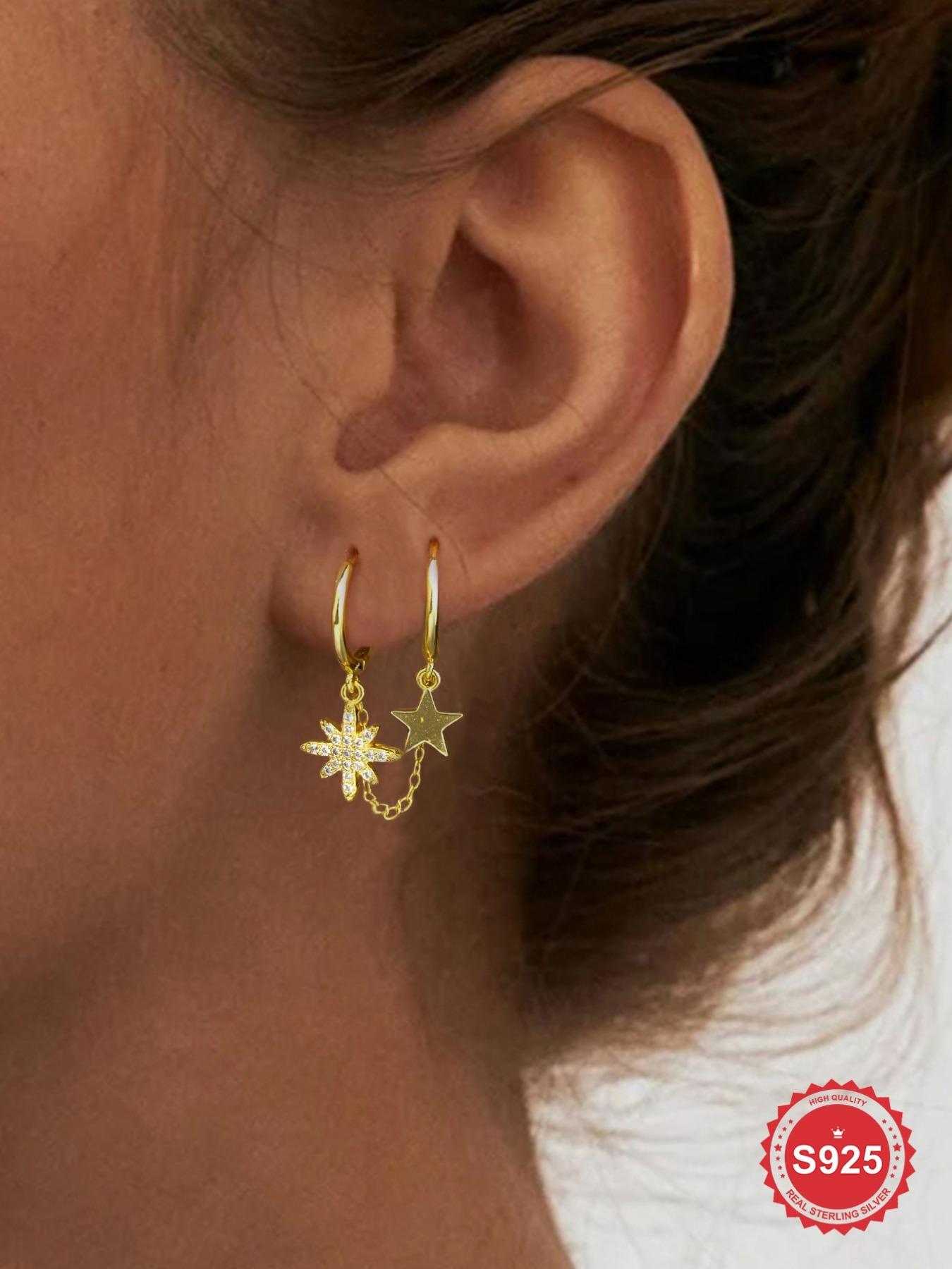 925 Sterling Silver Chain Design Earrings, Double-Threaded Eight-Pointed Star Zircon Drop Earrings, Stud Earring for Women, Fine Jewelry Gift, Elegant Minimalist Earrings