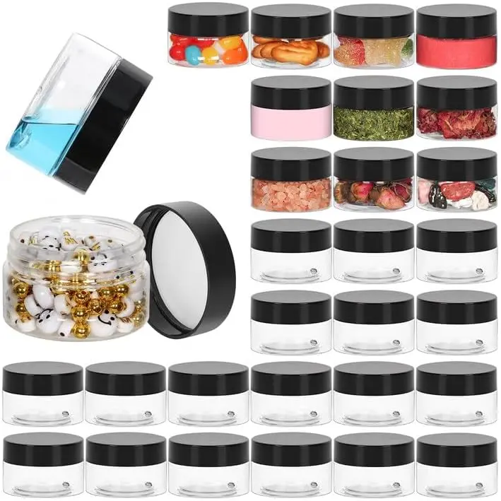 1 oz Plastic Jars 28 Pack with Black Screw ,  &Leakproof | Refillable  Containers for Lotion, Cream, Ointments, Makeup, Travel -  Clear Round Storage,  Value Set