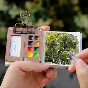 mini travel watercolor palette set, 5 counts/set portable wooden watercolor paint box with sketchbook & color pigments & refillable water brush & clip, artist bundle, portable art supplies for indoor & outdoor