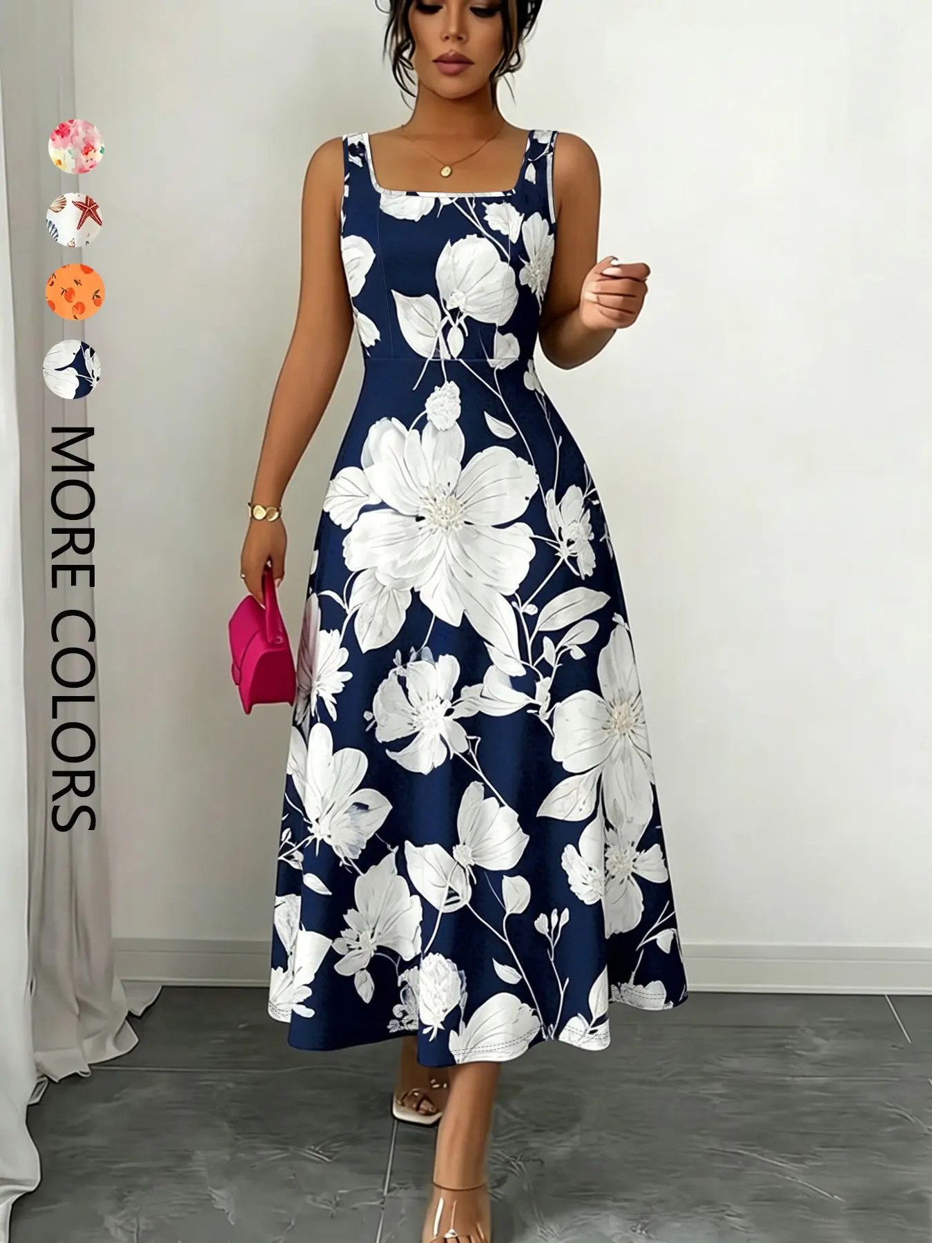 Women's Knit Sleeveless Printed Dress, Square Neck, Fitted Waist, Spring Summer, Polyester Spandex Blend, Casual Party Wear, Elegance, Elegant