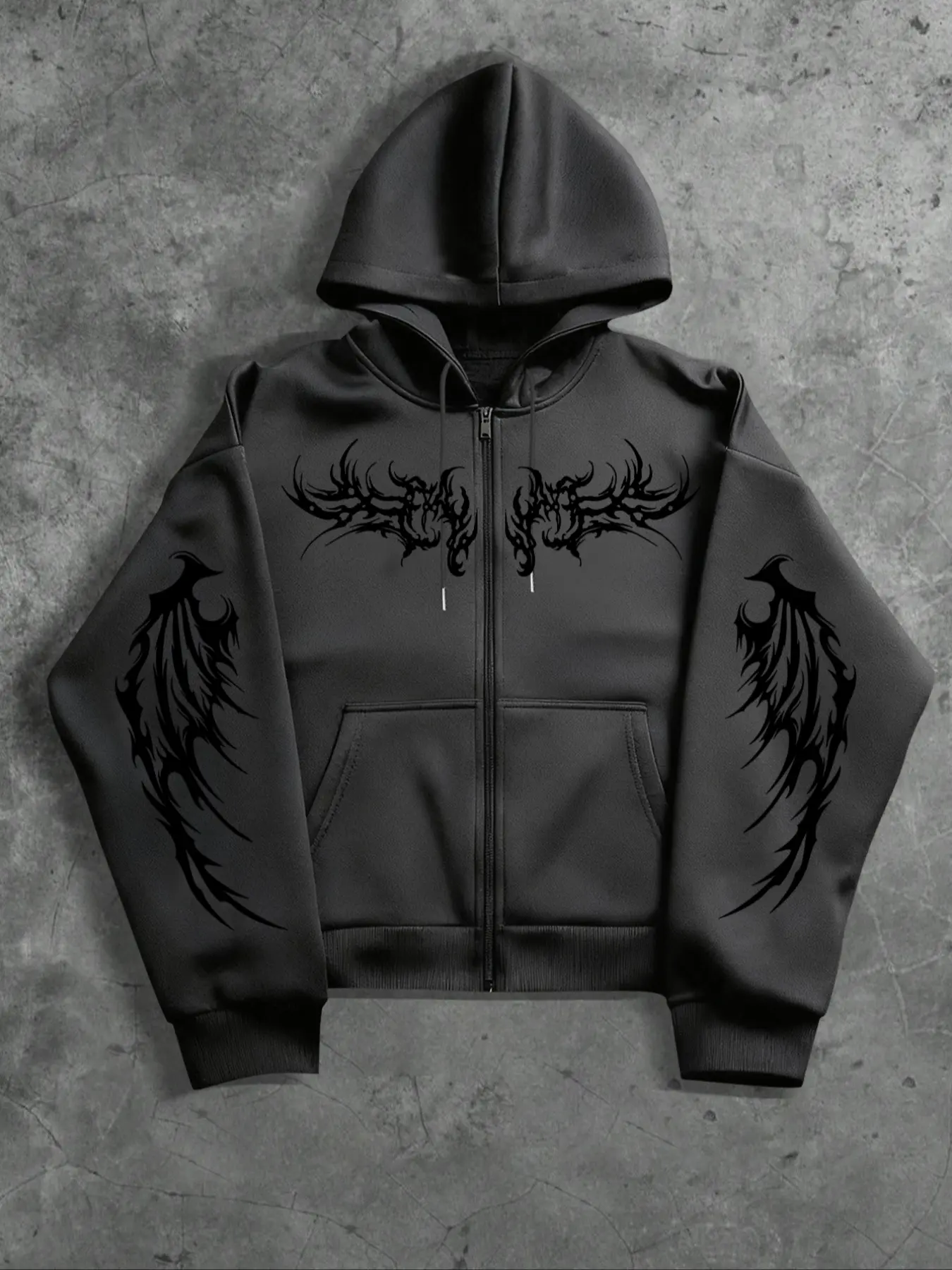 Men's Gothic Angel Wing Print Hoodie, Fashion Street Style Zipper Hooded Sweatshirt, Casual Long Sleeve Fitted Design for Fall & Winter