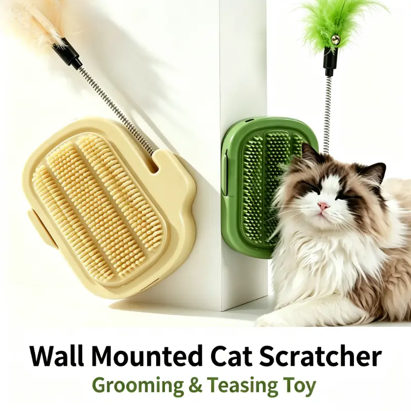 Cactus-Shape Wall Mount Cat Scratcher Groomer - Spring Bell Feather Wand, 4 Adhesive Pads, Interactive Self-Grooming Itch Relief Toy for Kittens Adults (Pet Supplies Accessory), Adhesive Base
