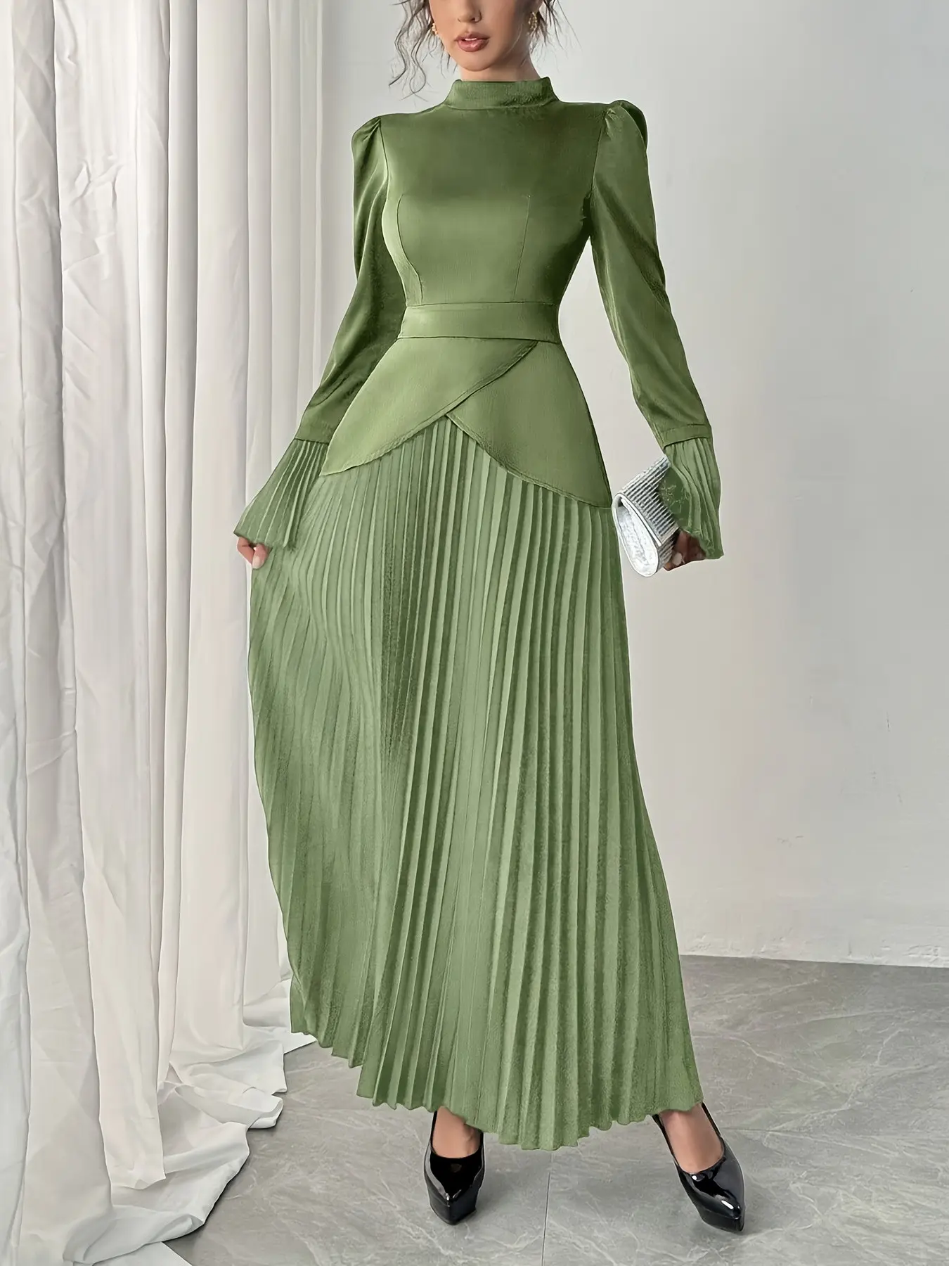 Vintage Olive Stand Collar Bell Sleeve Pleated Long Dress, Women's Formal Gown Evening Gown Dress for Dinner, Party, Wedding Guests